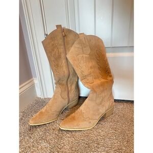 SHIBEVER Tan Faux Suede Western Cowboy Tall Boots Pointed Toe DT2679 Size 39